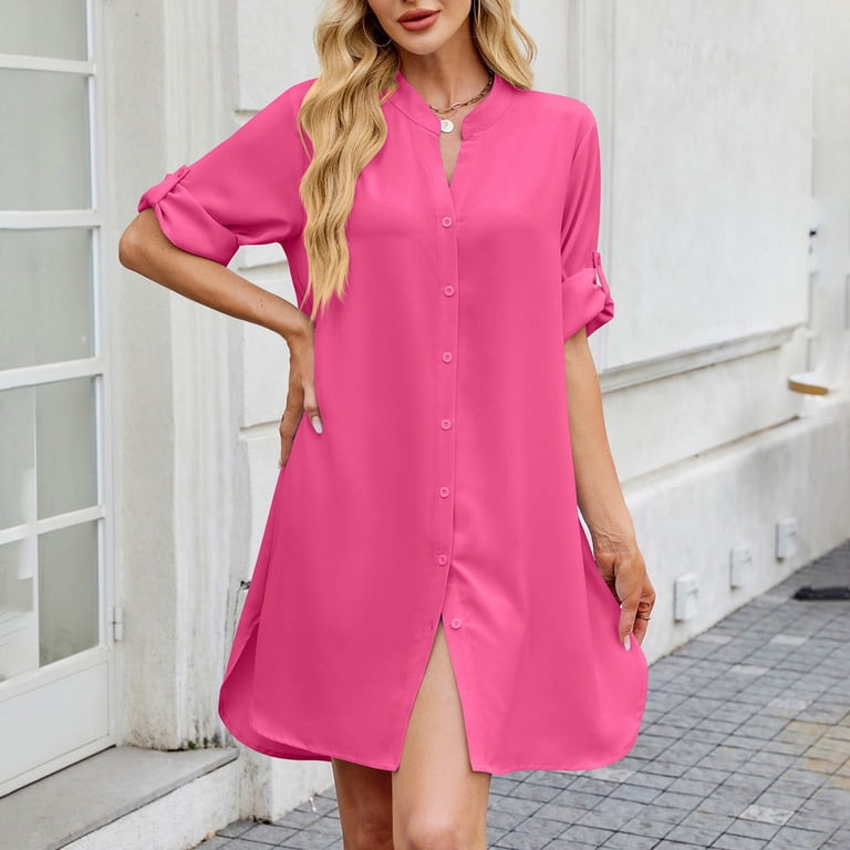 Ashirexll Summer Dresses for Women 2025 Fashion Solid Color Buttons Shirt Dress Elbow Sleeve V-Neck Dress Soft Comfortable Casual Dresses for Women Hot Pink XL - Walmart.com Ashirexll Summer Dresses for Women 2025 Fashion Solid Color Buttons Shirt Dress Elbow Sleeve V-Neck Dress Soft Comfortable Casual Dresses for Women Hot Pink XL - Walmart.com
