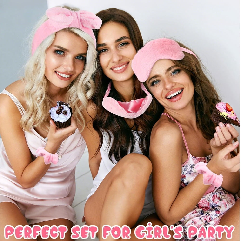 iMucci 36Pcs Sleep Spa Party Favors Set with 6 Storage Bags, 6 Eye Masks, 6 Pink Bows, 12 Wristbands, and 6 Plush Large Intestine Circles for Relaxation and Womens' Night