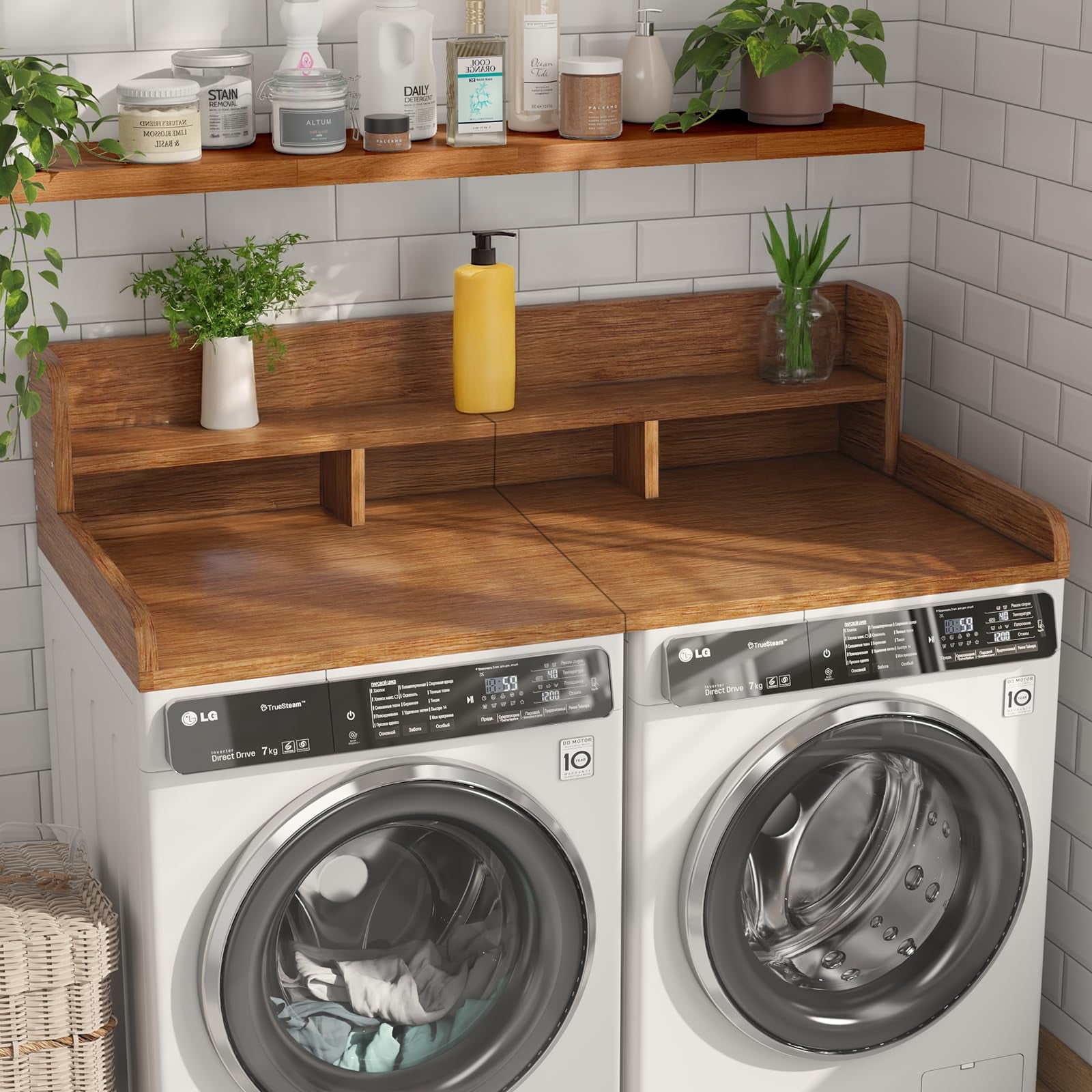 Washer Dryer Countertop with Non-slip Pads，Laundry Wood Shelf Topper with Edge，54" x 27.5"  Double Layer Organizer for Laundry Hamper Counter Storage ，Walnut