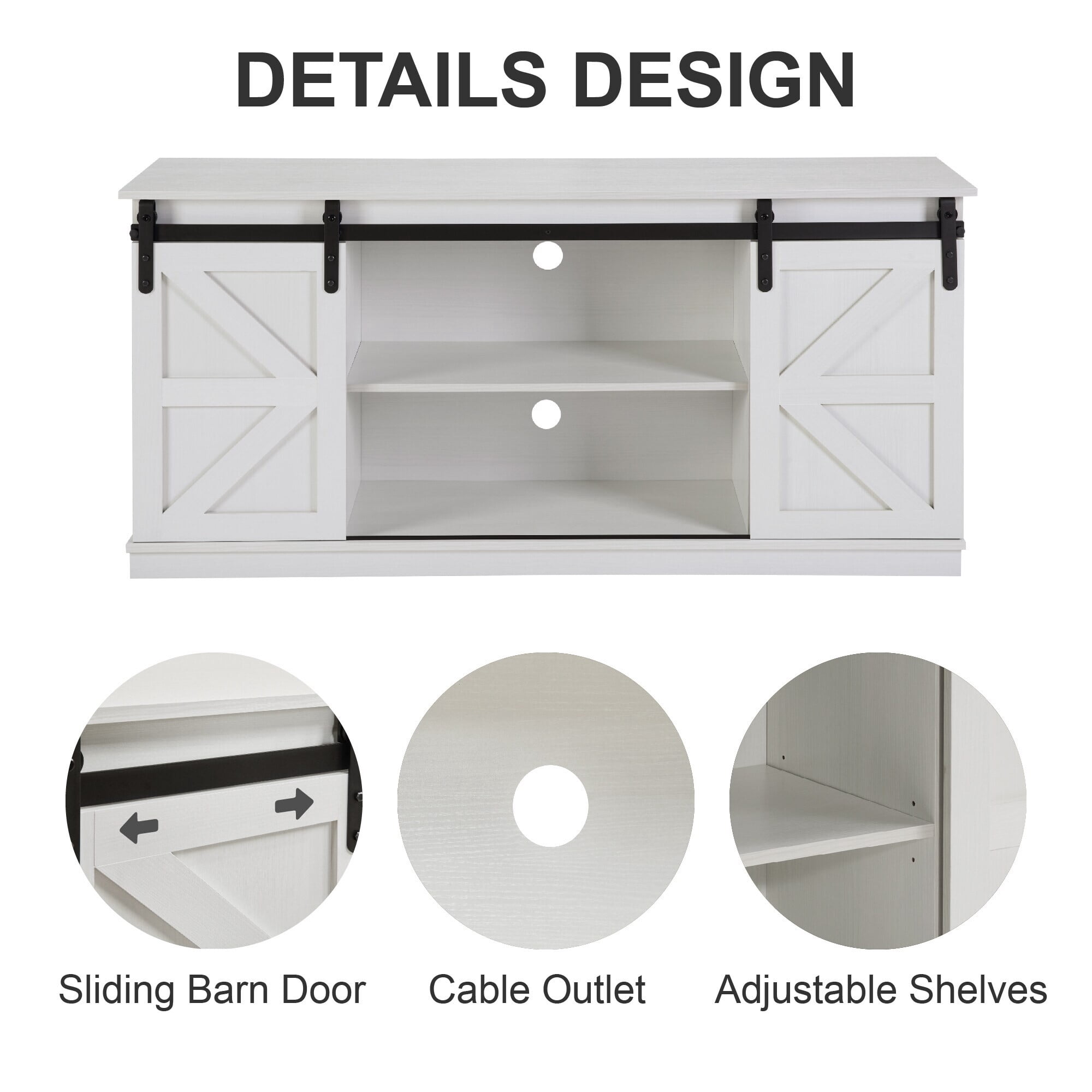 AENKYO Farmhouse TV Stand for TVs up to 65", Sliding Barn Doors, Adjustable Shelves, Cable Management, White