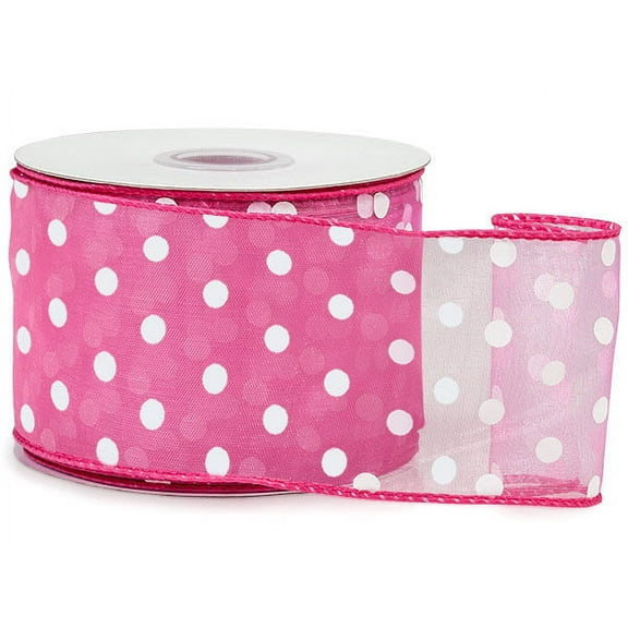 Pretty Pink with White Polka Dots Sheer Wired Ribbon, 2-1/2"x25 yards