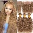 thumbnail image 1 of Paquete de cabello humano con cierre, extensiones de cabello rubio miel n. ° 27, 5x5 HD, ondas profundas de agua con Frontal, extensiones de cabello humano 100% crudo, Ofertas, 1 of 5