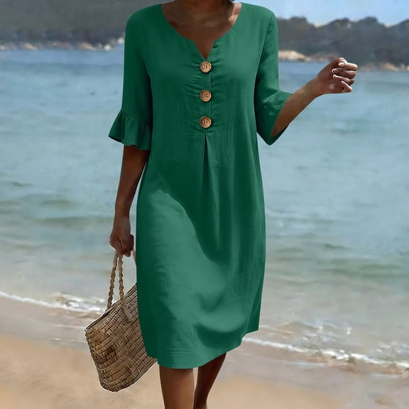 ClodeEU Women's V Neck Short Sleeve Flutter Sleeve Button Midi Dress with Pockets,Solid Color Casual Loose Fit Summer Dress Army Green,Women's Plus L