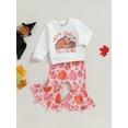 thumbnail image 3 of Liacowi Toddler Baby Girls Halloween Outfits Set Long Sleeve Letters Print Sweatshirt Pumpkin Print Flare Pants 6M 12M 18T 24T 3T 4T Kids 2Pcs Fall Halloween Clothes, 3 of 8