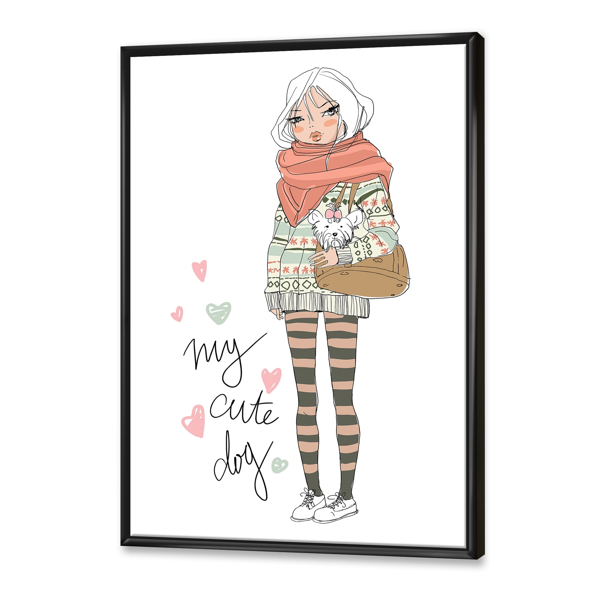 Designart 'My Cute Dog Cute Girl With Dog' Shabby Chic Framed Canvas Wall Art Print