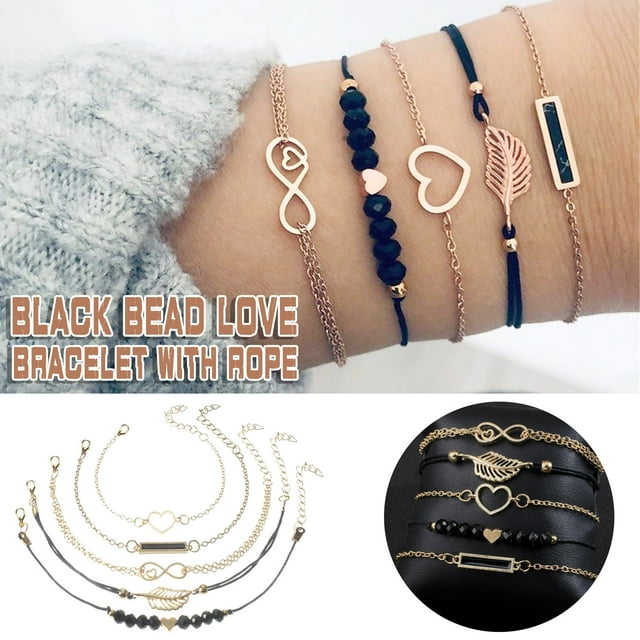 Pulseras para mujer, regalos para mujer, 5 piezas elegantes de pulsera de cuentas negras en forma de corazón para mujer, brazalete, brazalete, conjunto de joyería, pulsera, pulsera