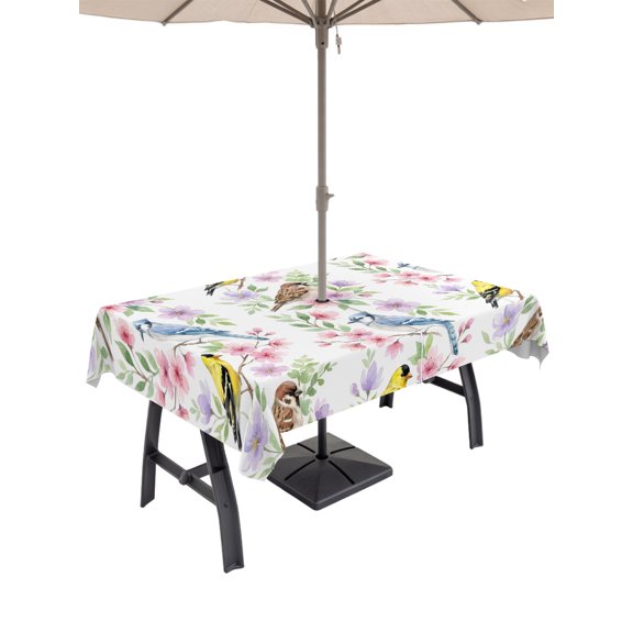 52x70 Inch Outdoor Tablecloth with Umbrella Hole Zipper Rectangle Spring Floral Rectangular Tablecloths Waterproof Farmhouse Flowers Birds Botanical Watercolor Patio Table Cloth Cover for Picnic