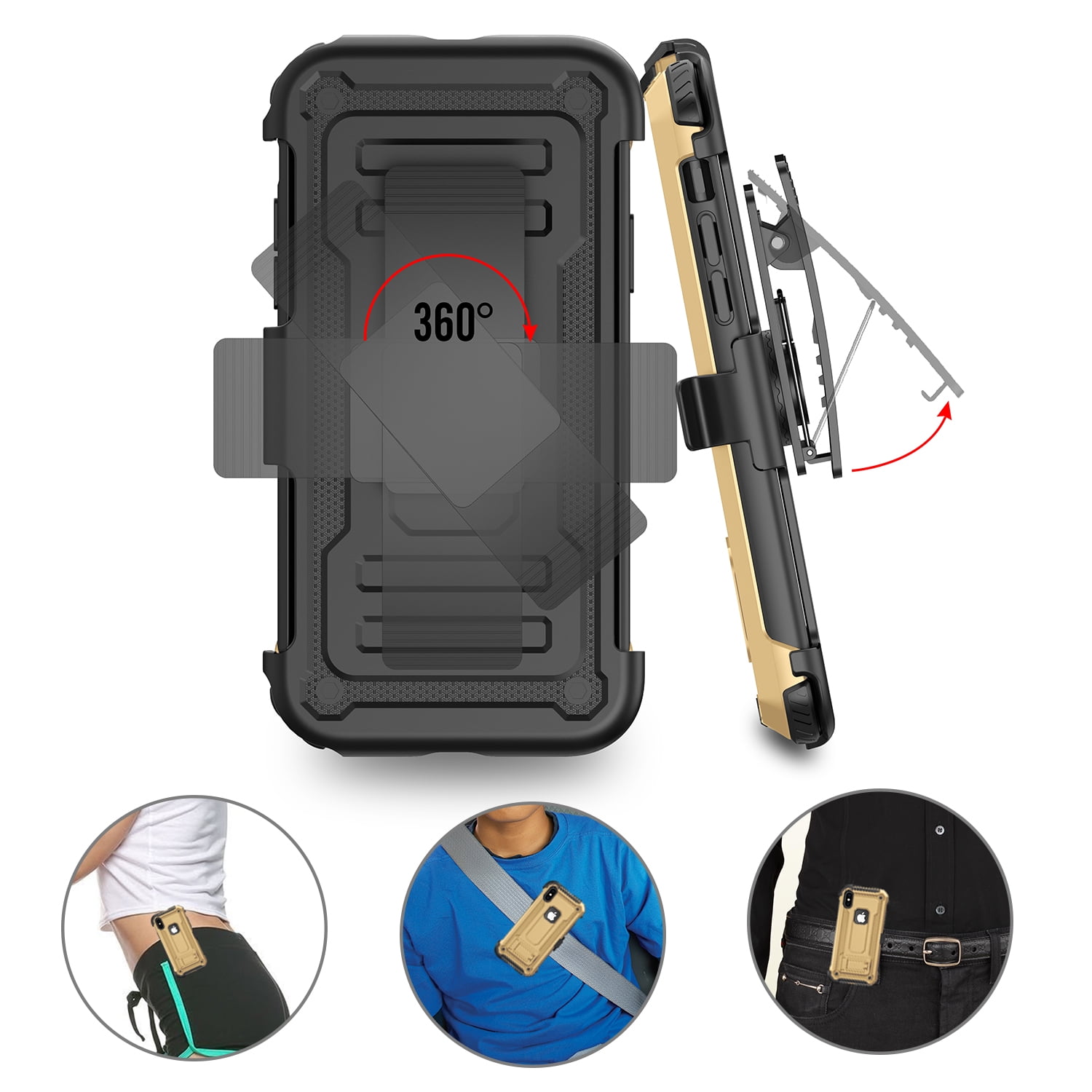 TJS Apple iPhone XS iPhone X Case 360 Belt Clip Holster Dual Layer Hybrid Shock Absorbing Resist Kickstand Armor Phone Case Cover Gold Walmart