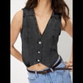thumbnail image 4 of Chaleco Vaquero Sin Mangas con Cuello en V para Mujer, Chaleco Vaquero con Botones y Corte en la Parte Superior. Gris Negro S, 4 of 9