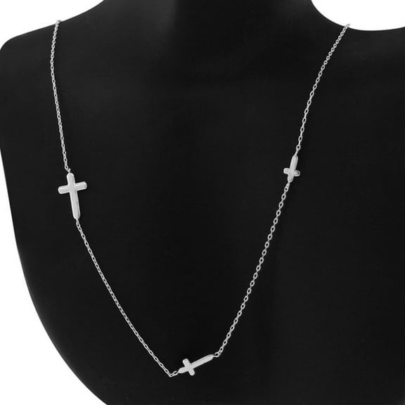 Sterling Silver Women's Sideways Religious Triple Cross Chain Necklace