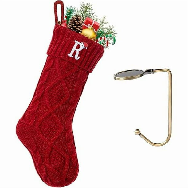 wonima44 Christmas Stockings with Initials, Letter R Embroidered Xmas Stockings, 18" Large Monogram Knitted Xmas Stocking, Christmas Party Fireplace Family Hanging Stocking Decorations(1 Pack, Red)