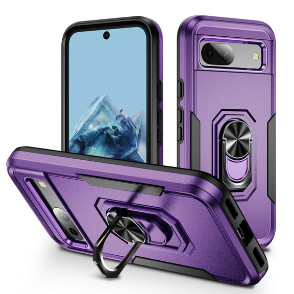 for Google Pixel 7 Case, Slim Fit Military Grade Drop Tested Dual Layer Shockproof Case with 360 Ring Holder Kickstand Protective Rugged Car Magnetic Non-Slip Phone Case,Purple Black