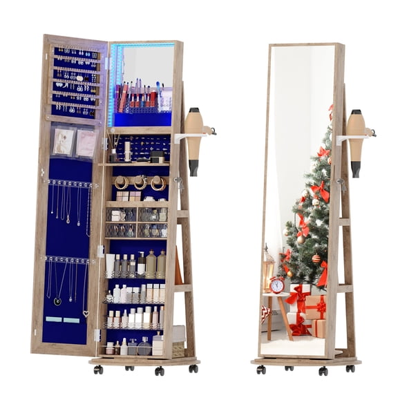 LVSOMT 360° Swivel Jewelry Armoire with Full Length Mirror - Lockable Storage Cabinet & LED Vanity, Original Wood