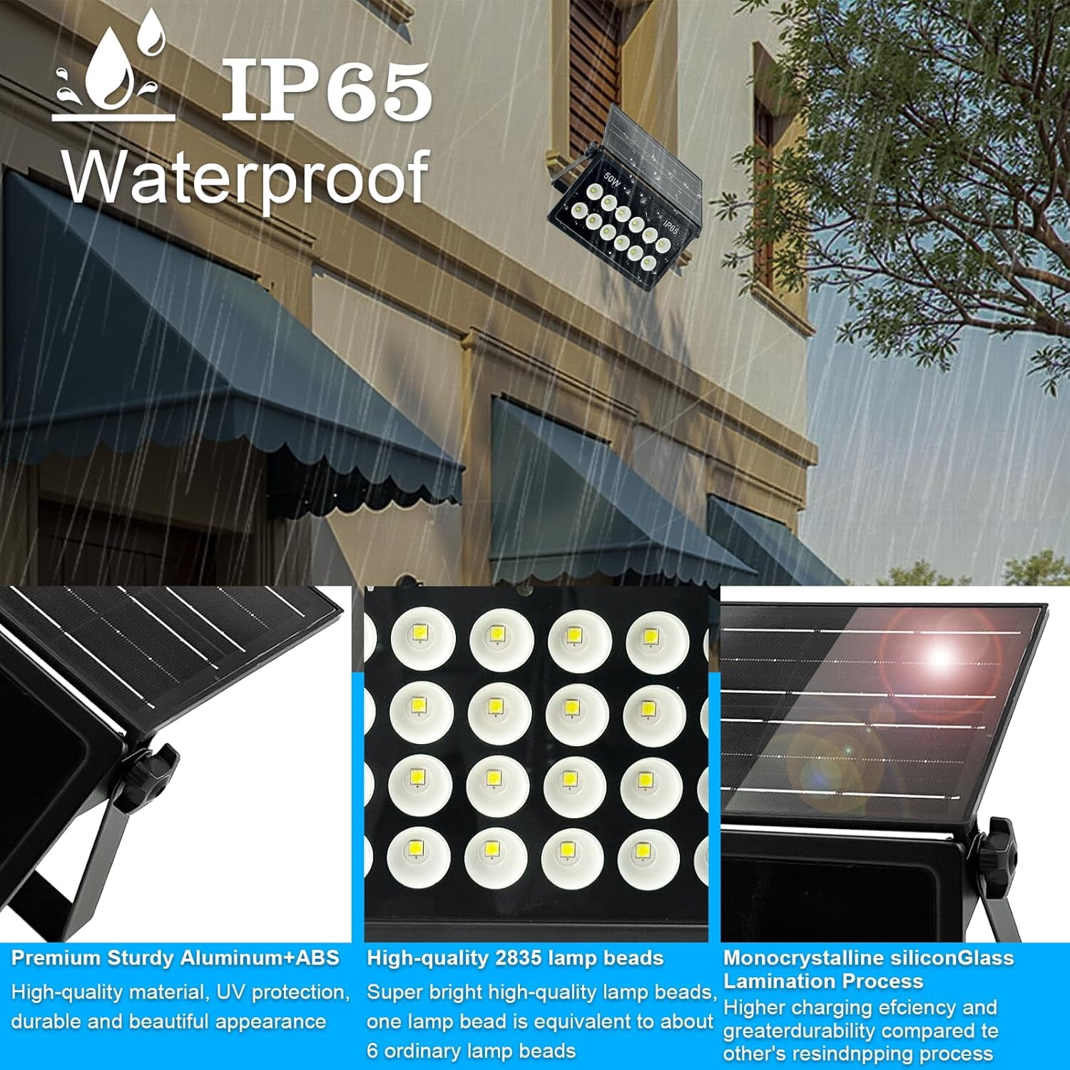 INDMIRD 50W Solar Security Lights, Solar Flood Lights, Solar Lights Outdoor Waterproof, Dusk to Dawn Solar Powered Security Lights, 6500K Cool White, for Porch, Patio, Yard, Garage, Garden