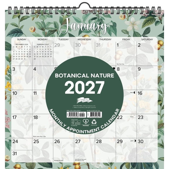 Willow Creek Press Botanical Nature 2027 12" x 12" Spiral Wall Calendar (65587)