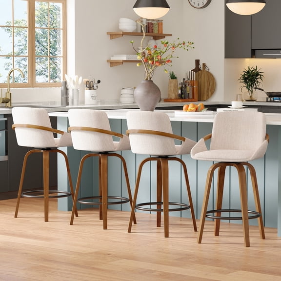 JULY'S SONG 26" Swivel Counter Height Bar Stools with Back Sets of 4, Mid Century Barstools with Wooden Legs, Beige