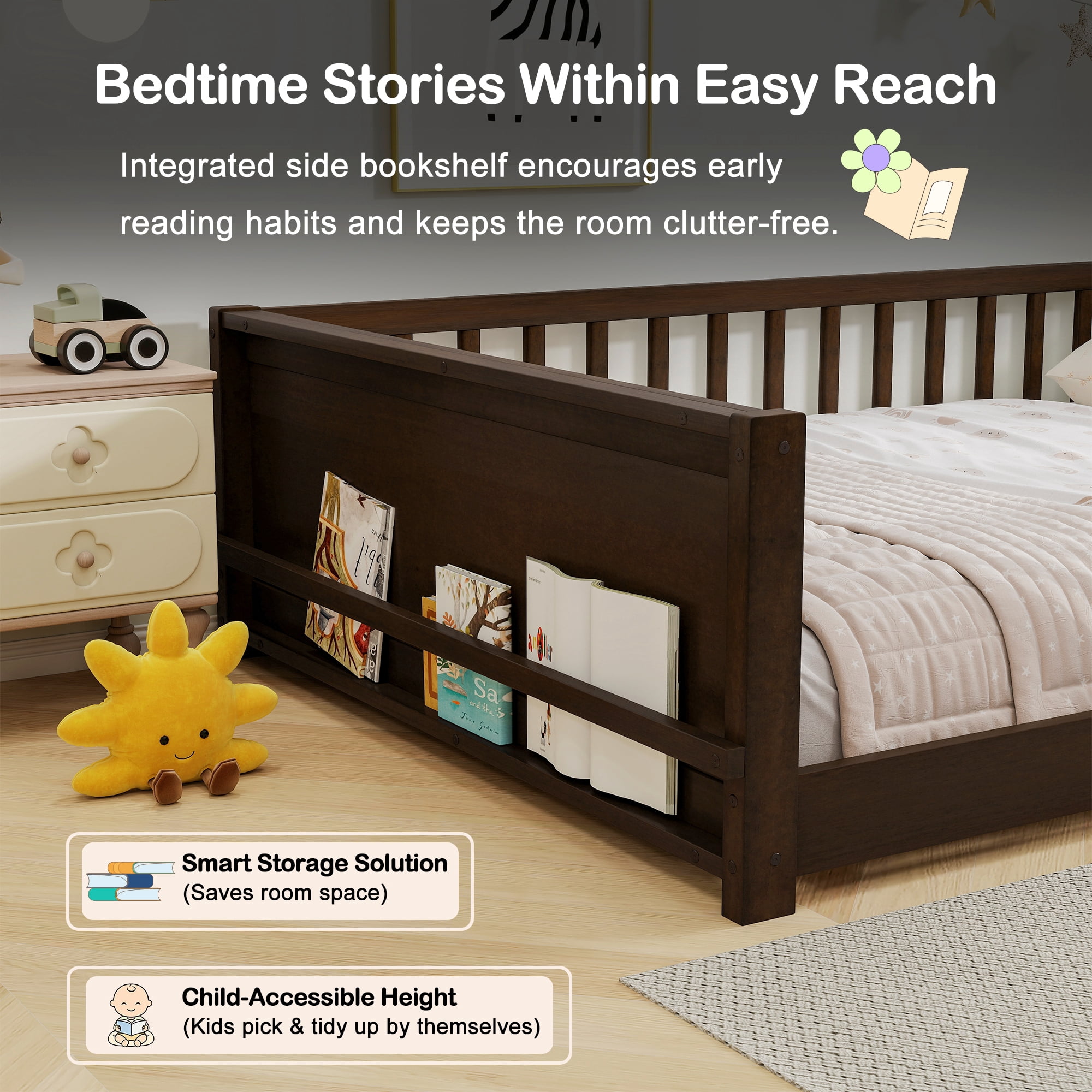 Miniyam Full Size Kids Floor Bed with Guardrails and Bookshelf, Wooden Low Profile Bed, Espresso