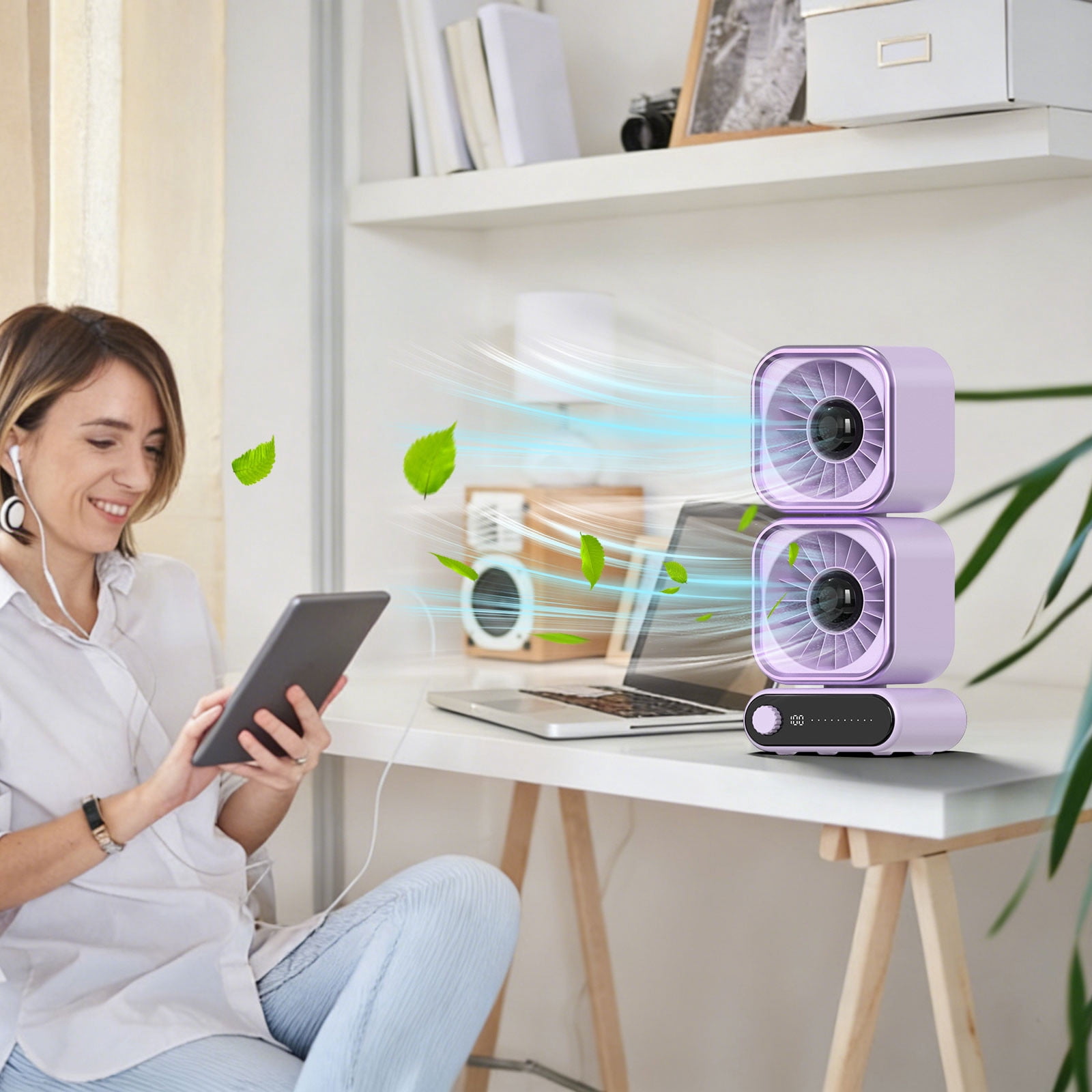 Tyidzon Table Fan, 13 inch Table Fans for Bedroom, Digital Display, Dual Heads 4000Mah Battery USB Fans, Desk Fans Small Quiet for Home, Office, Kitchen
