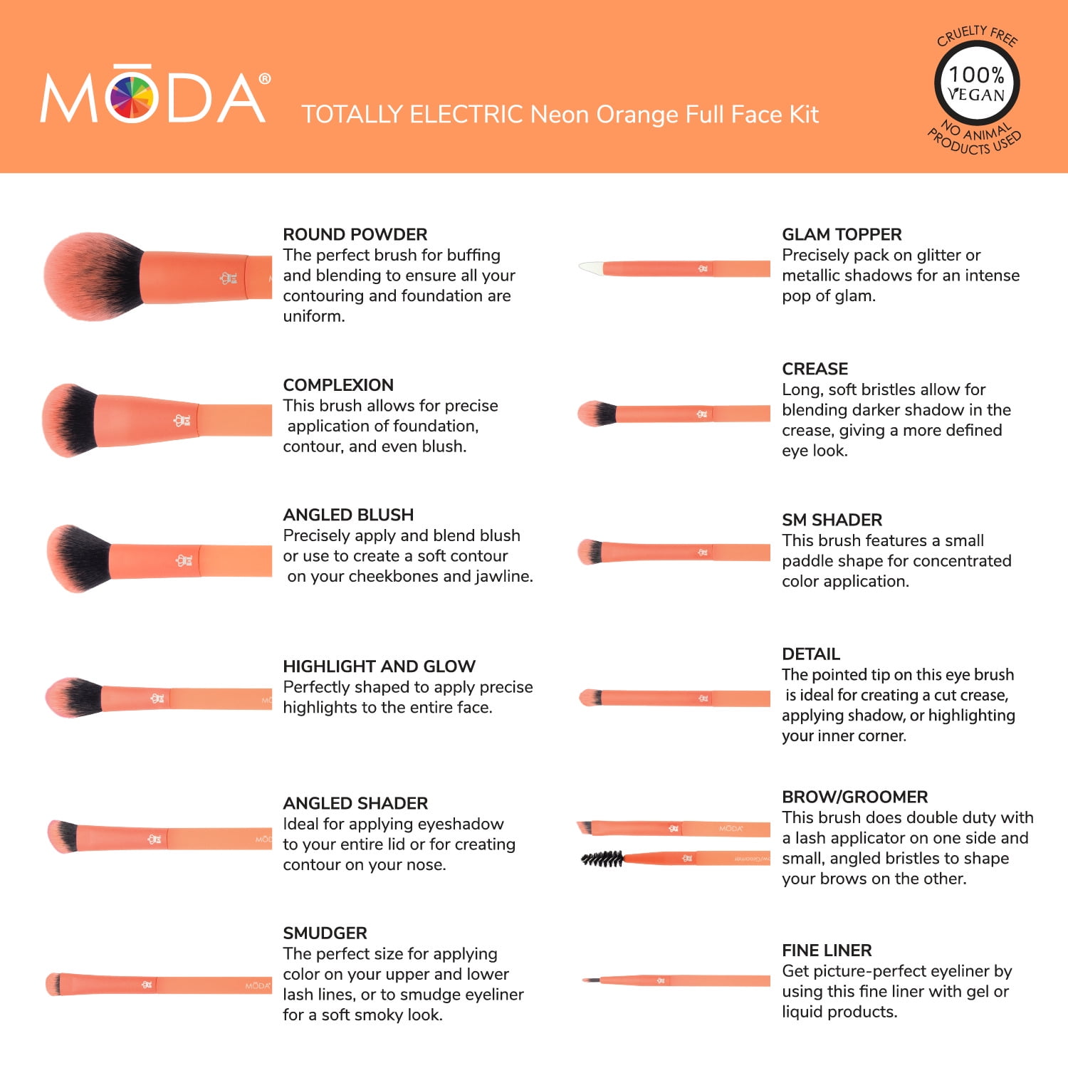 Moda Brush Totally Electric Neon Orange Full Face 13pc Makeup Brush Set