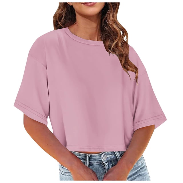 Plebaso T-Shirts Courts pour Femmes Manches Courtes Col Rond T-Shirts Couleur Unie Décontractés Tops Basiques Amples
