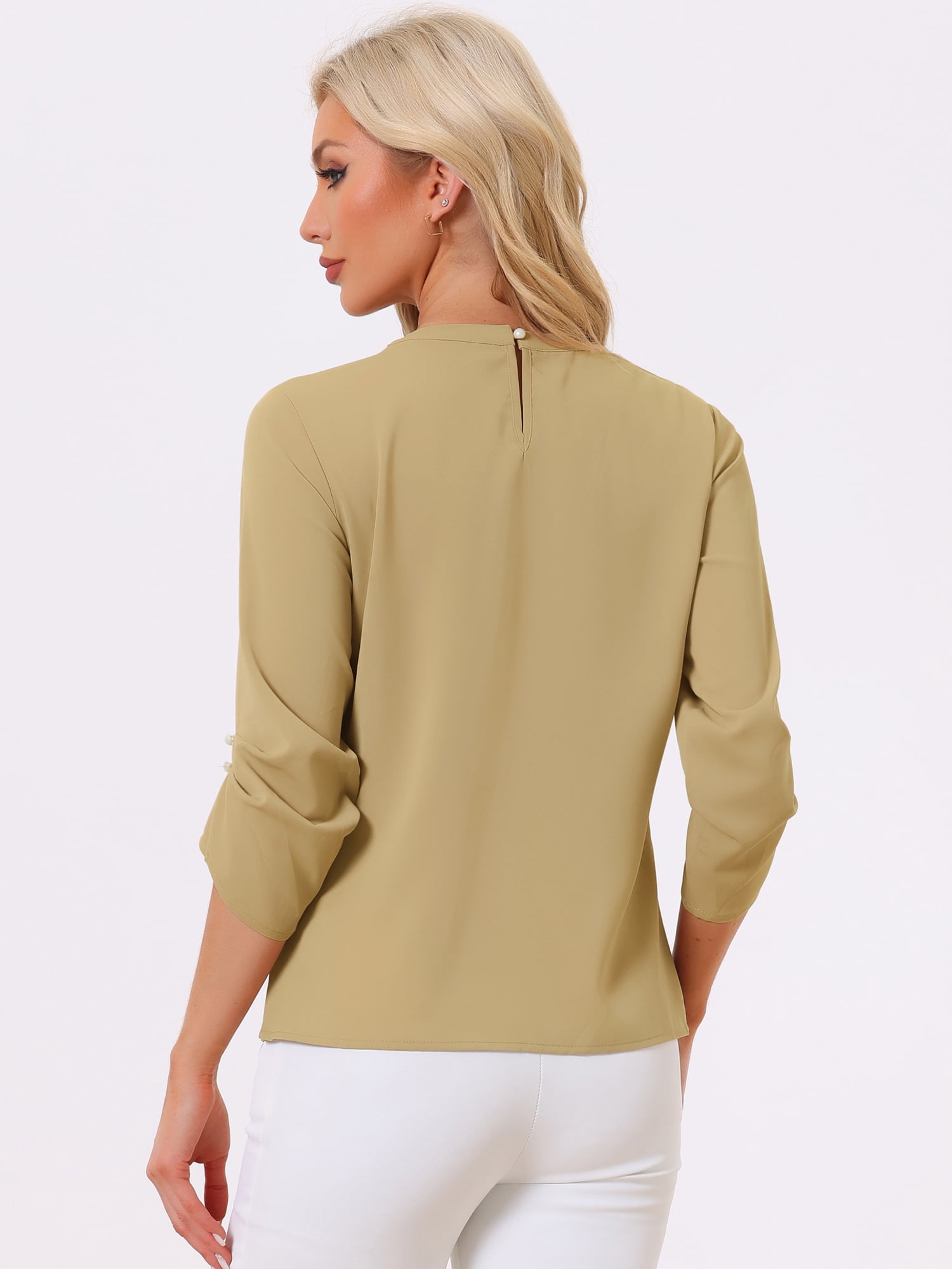 DARING DIVA Round Neck Keyhole Pleated Shirred Work Top L Khaki