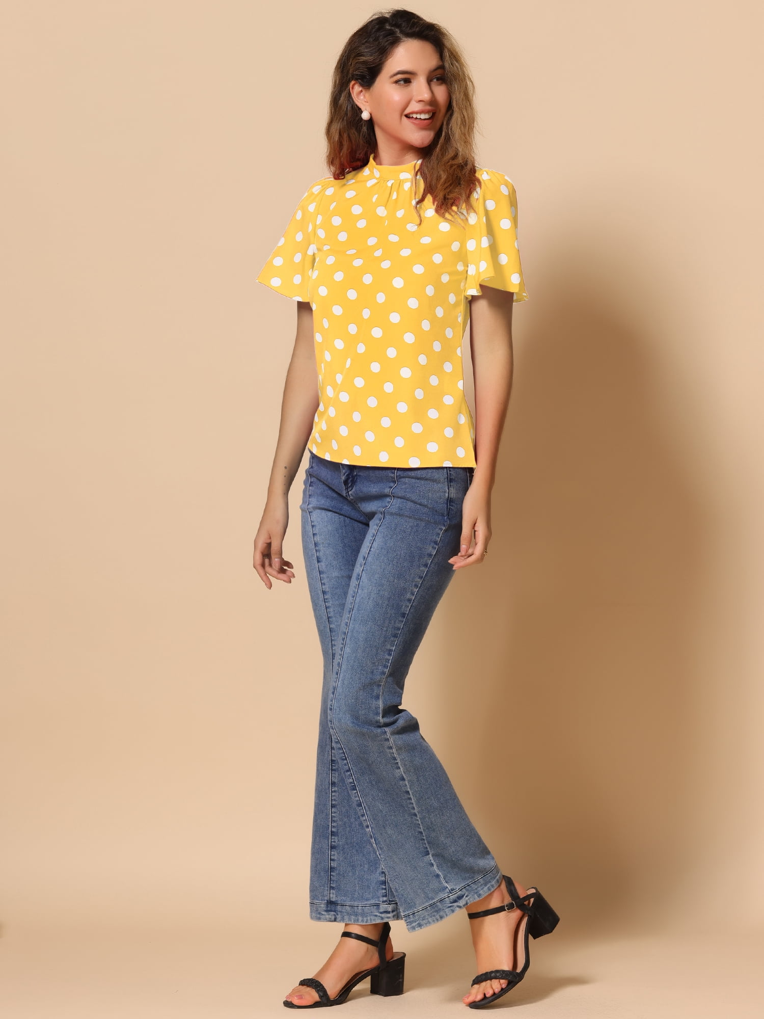 DARING DIVA Polka Dots Stand Collar Short Sleeve Top XS Yellow