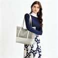 thumbnail image 2 of Tanyzvel Women’s Work Laptop Two Tone Tote Bag, Waterproof Nylon PU Wide Handle Zipper Office Handbag, 2 of 5