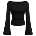 thumbnail image 3 of Women's Long Sleeve Shirts Crop Tops Boat Neck Bell Sleeve Ribbed Ruched Shirt (Black L), 3 of 3
