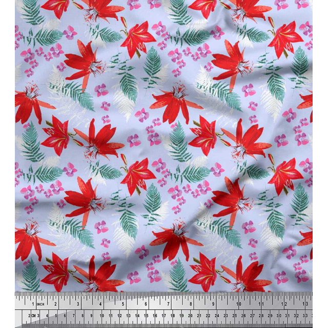 Soimoi Viscose Chiffon Fabric Spruce Leaves & Lily Floral Print Sewing Fabric Yard 42 Inch Wide