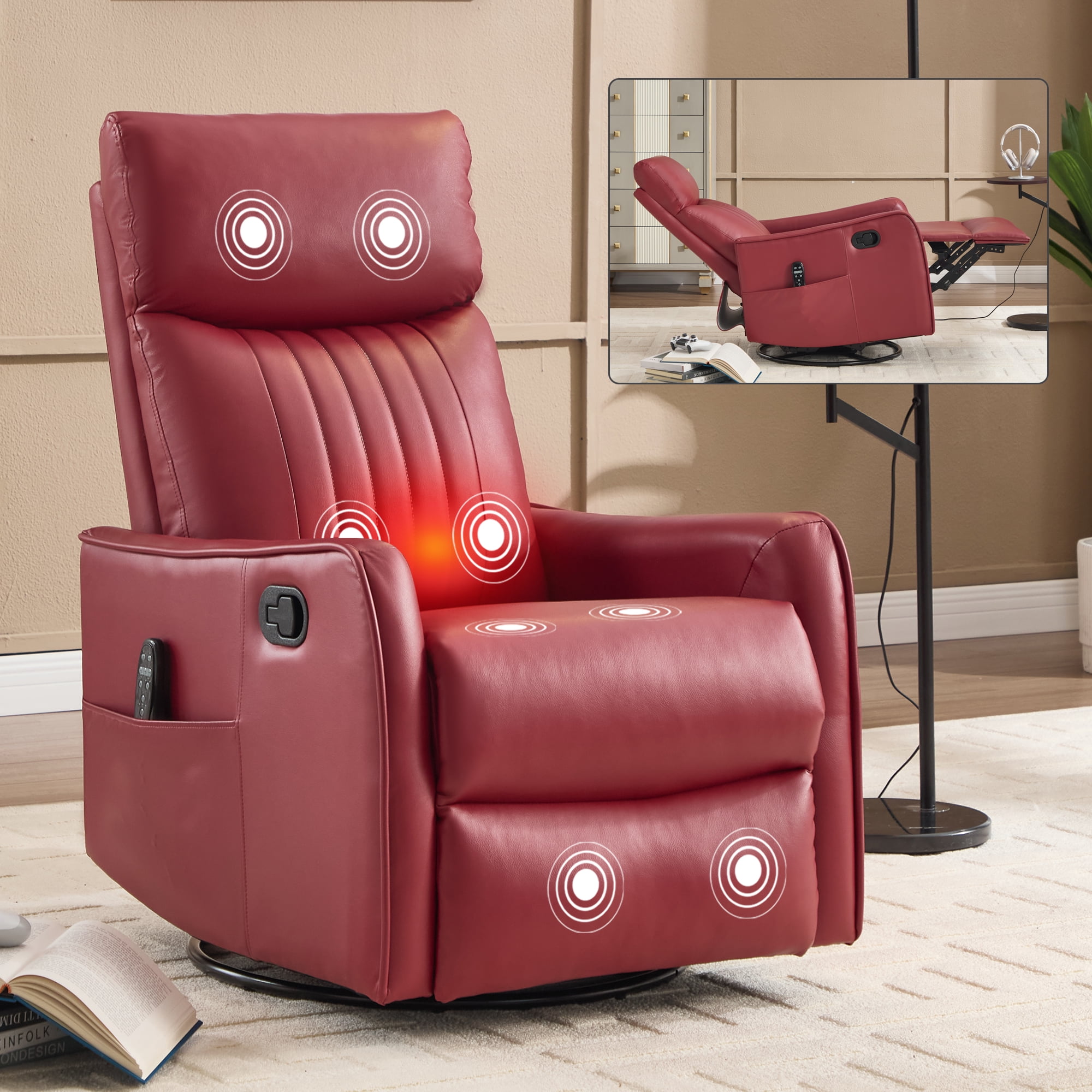 Gewnee 360° Swivel Rocking Recliner with Massage & Heat, Adjustable Reclining Angle, for Living Room & Office，Red