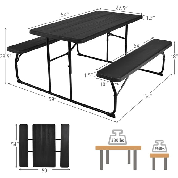 Picnic Table, 550 LBS Folding Picnic Tables with Benches & Seats, Weather-Resistant Easy Setup Portable Picnic Table, Wood-Like Foldable Picnic Tables for Outdoors Patio Deck Party BBQ (Black)
