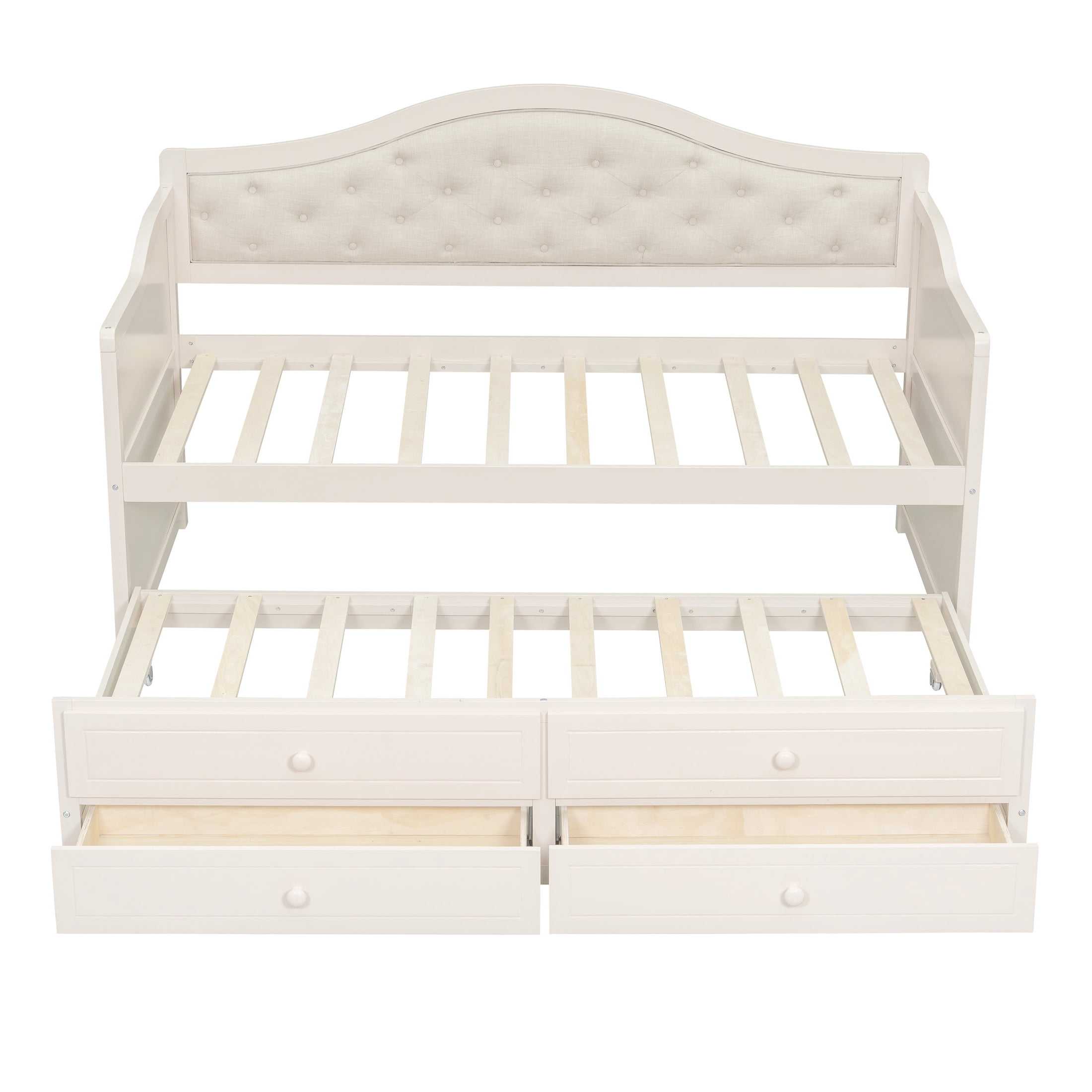 Noble House Twin Daybed with Trundle, 2 Storage Drawers, Upholstered Tufted Backrest, Beige