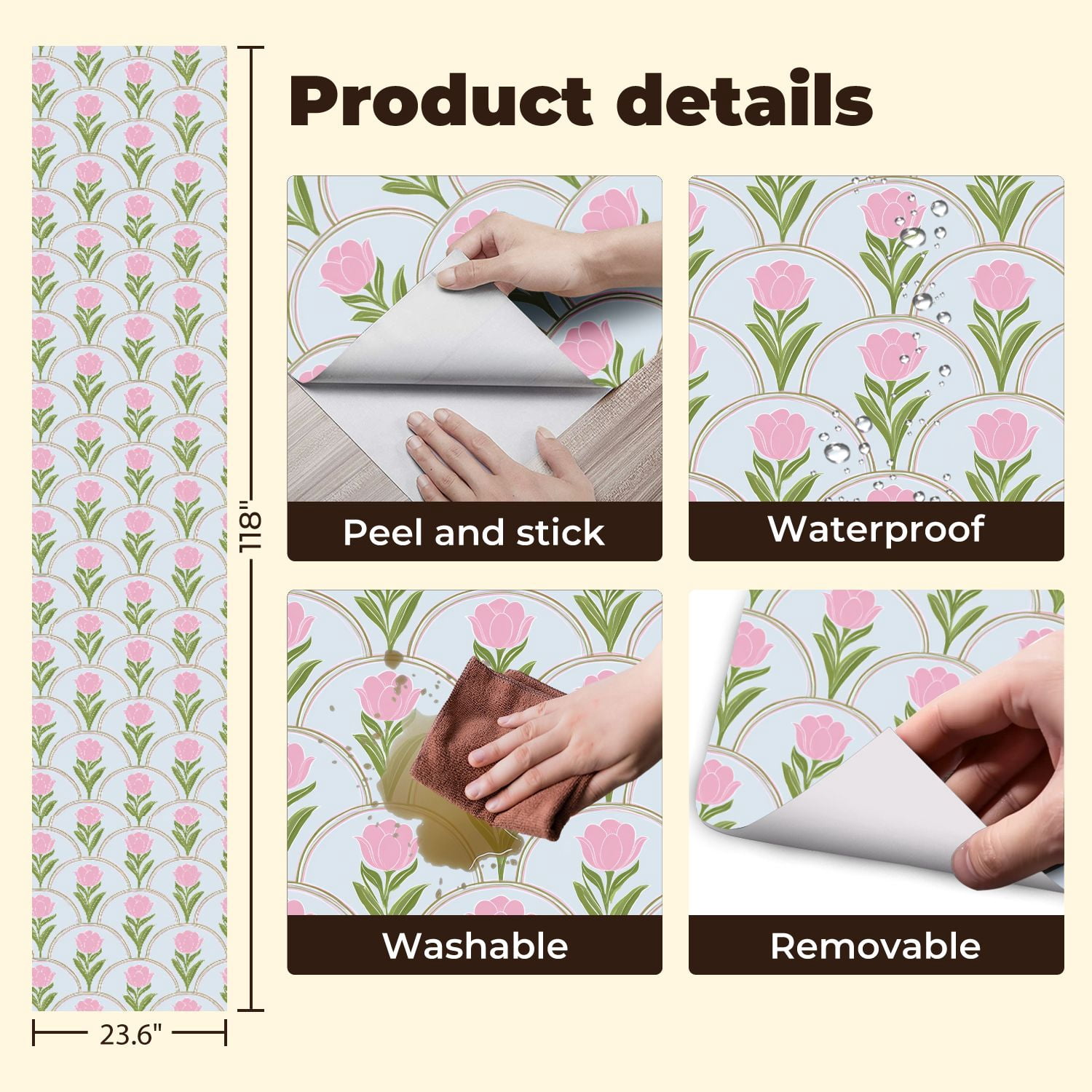 Peel and Stick Wallpaper Pink Tulip Floral Arches Blue Wall Mural 23.6in x 9.8ft Self Adhesive Removable Wall Paper Renter Friendly Wallpaper for Nursery Bedroom Cabinets