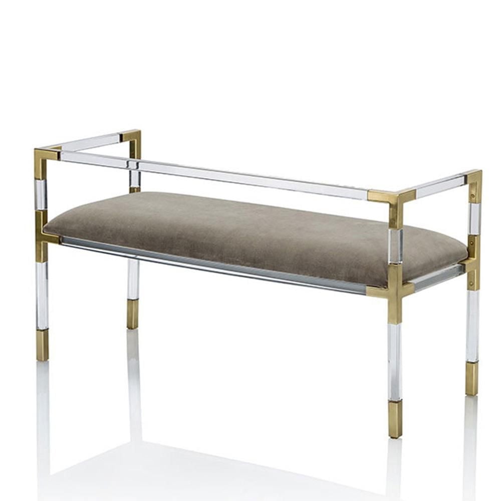 Doyle Bench in Clear, Acrylic Bench, Velvet Bench, Modern Bench with brushed brass details, Gold Bench, Clear Bench with brass details, Grey Velvet Bench, Stylish Bench, Entryway Bench, Living Room Be