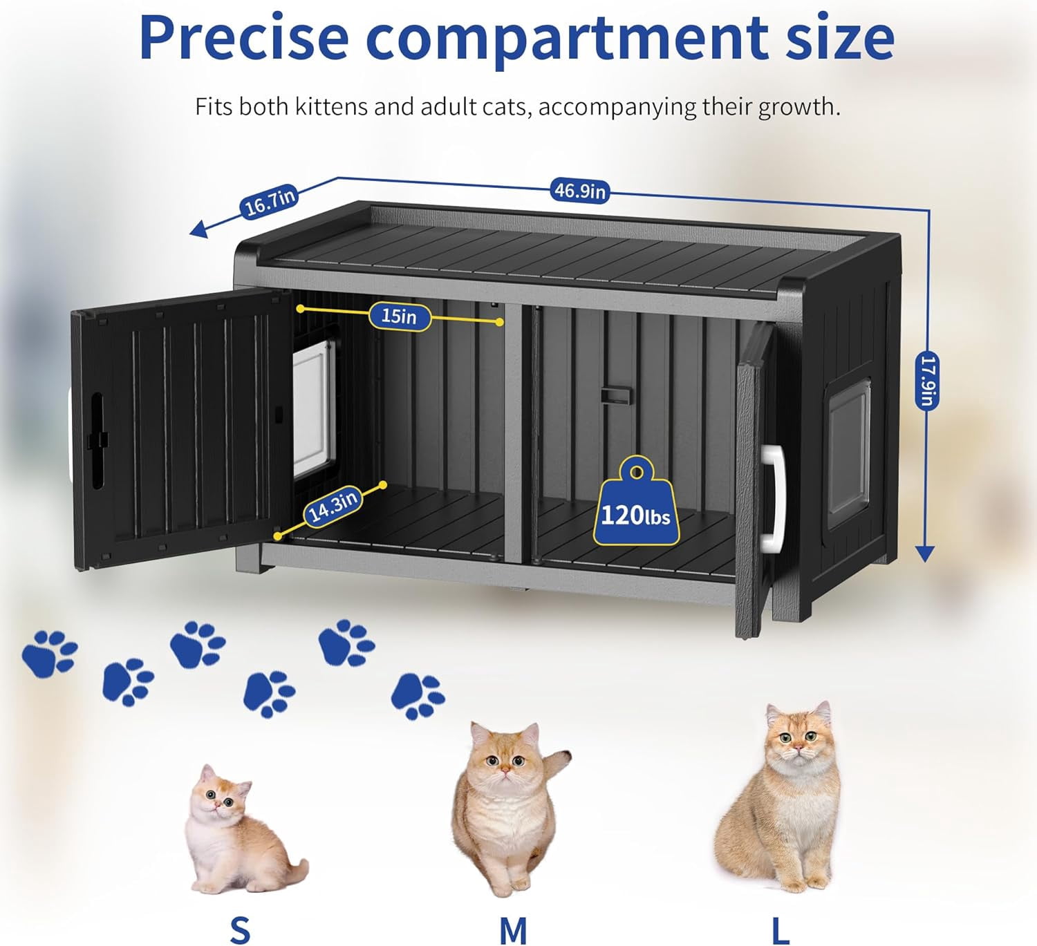 LEHOME Cat Litter Box, Resin Weatherproof Enclosed Litter Box with Dual-Door Design, Hidden Furniture for Indoor Home Use