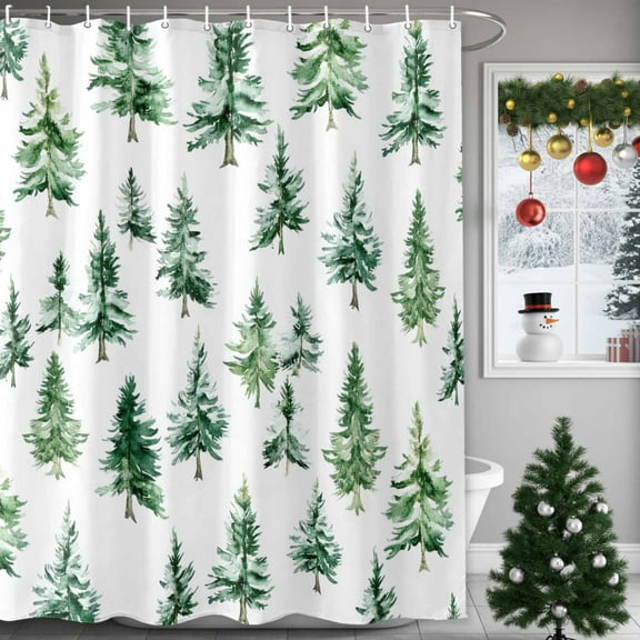 Christmas Green Shower Curtains for Bathroom, Watercolor Xmas Tree Pattern Waterproof Fabric Shower Curtain for Bathroom Bathtub Decoration, Machine Washable, 36"x72"