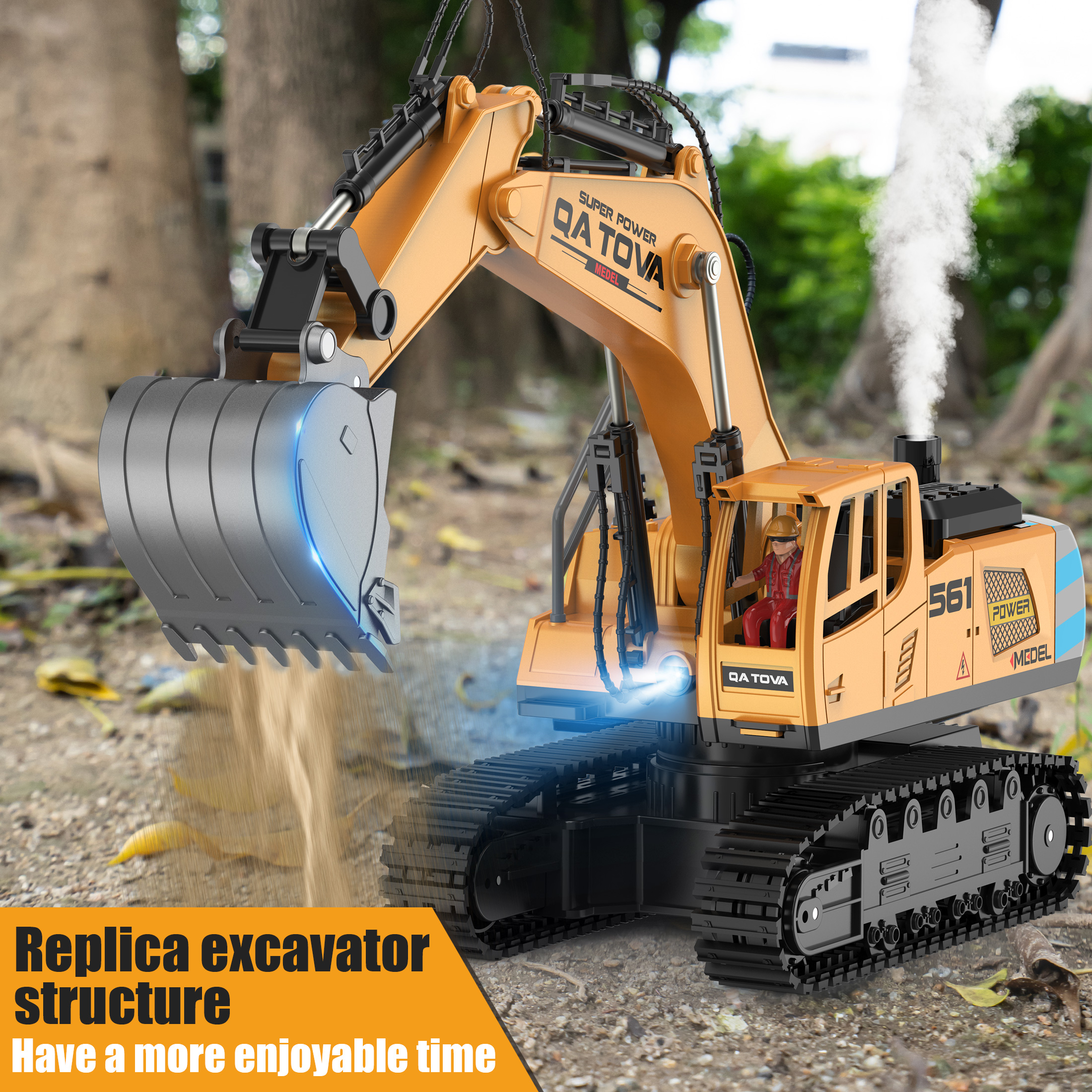 Remote Control Excavator Toys for Boys- Movable Claw Digger Trucks with Spray & LED, 11 Channel 2.4GHz Full Function Remote Control Crane for 6-12 Year Old Kids Christmas Birthday Gift