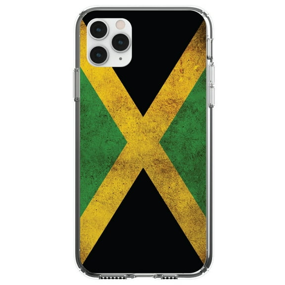 DistinctInk Clear Shockproof Hybrid Case for iPhone 11 (6.1" Screen) - TPU Bumper, Acrylic Back, Tempered Glass Screen Protector - Jamaica Old Flag Black Green Yellow - Show Your Love of Jamaica