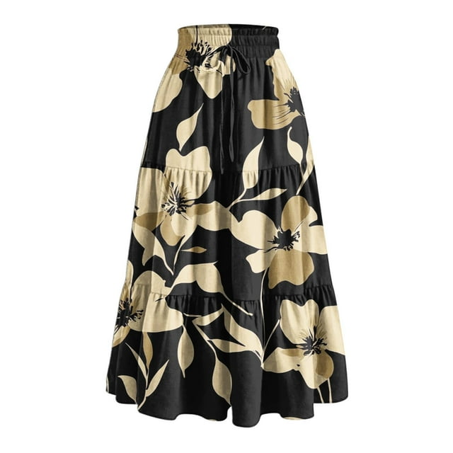 Bocqde Women's Boho Maxi Skirts Summer Fashion Casual Drawstring Elastic High Waist Long Skirt Solid Color Flowy A Line Ruffle Swing Skirt