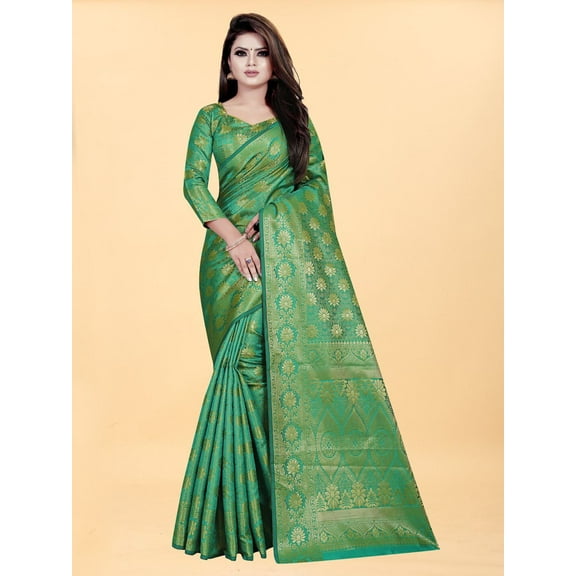 Green & Gold-Toned Woven Design Zari Silk Blend Banarasi Saree - 18861462