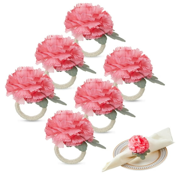 Set of 6 Handcrafted Carnation Napkin Rings Floral Table Adornments for Mothers Day Weddings Unique Occasions Fuchsia