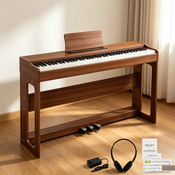 EDOEMSE GDP-104 88 Keys Full Weighted Keyboards Digital Piano in Black Walnut Keyboard Instrument with Stand, Headphone, Pedals, Digital Piano for Beginners and Home Practice