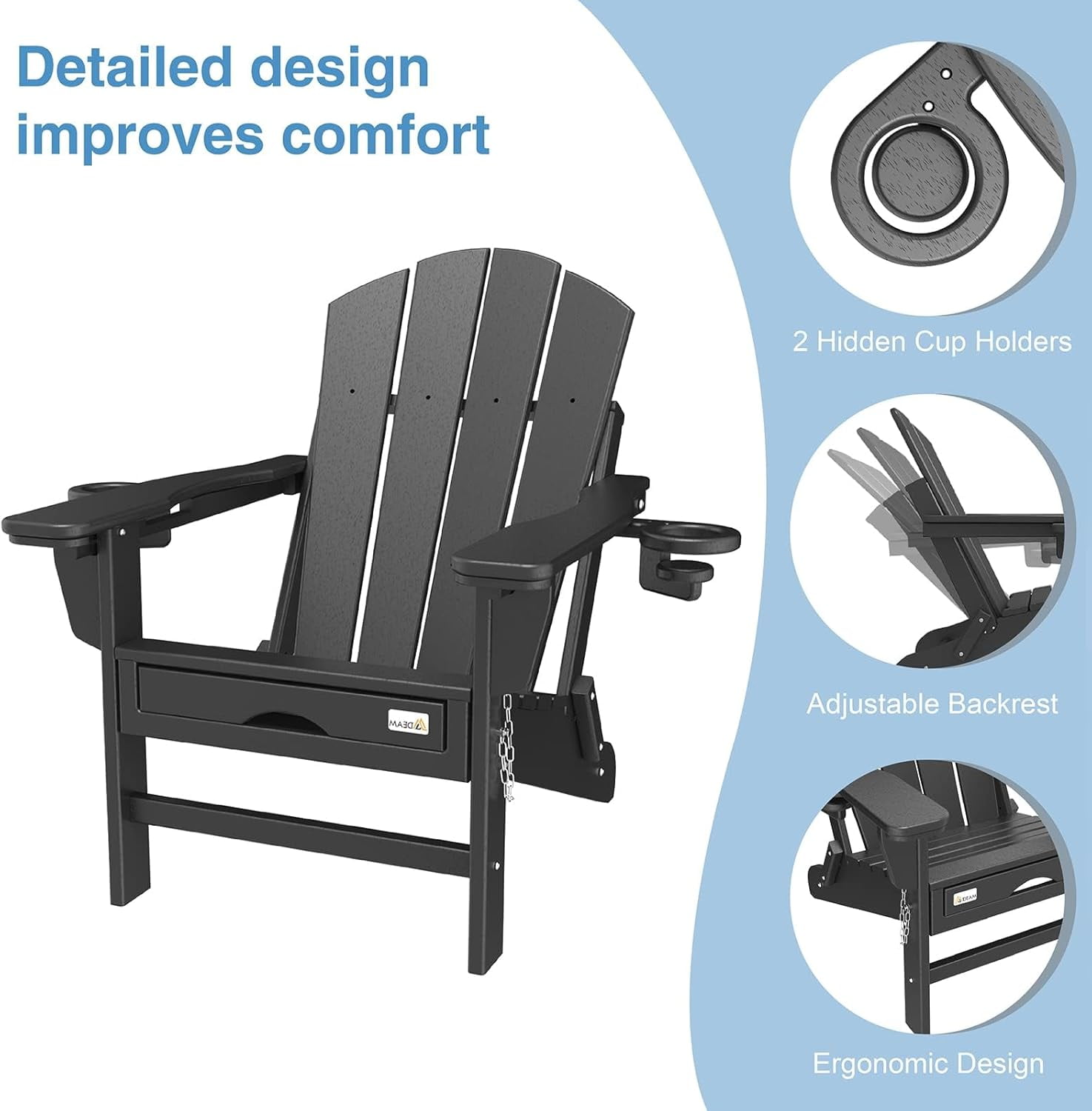 Erinnyees 3-Level Adjustable Adirondack Chair with Retractable Ottoman, HDPE All-Weather Folding Fire Pit Chair with 2 Cup Holders, Outdoor Chair for Deck Patio Garden Backyard Lawn
