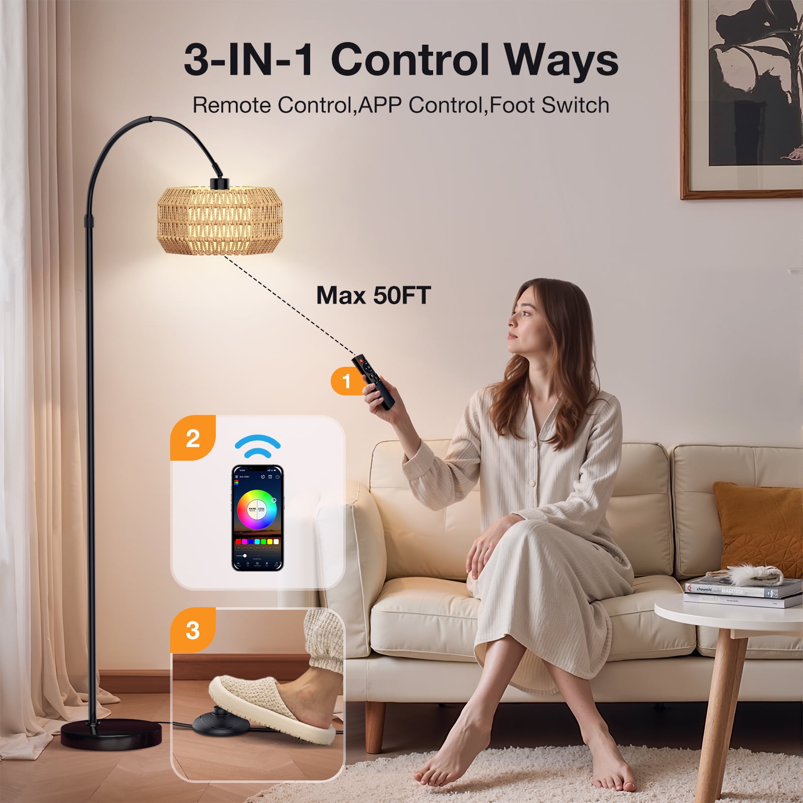 BLITZWILL Arc Floor Lamp 71‘’ Height Adjustable, with Remote Control &Smart APP Standing Lamps, RGB Bulb,Dimmable, for Living Room Bedroom Office Corner