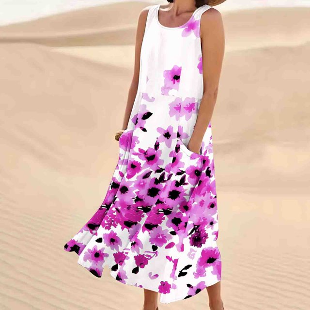 Robes pour Femmes, Robe Longue Imprimée Sans Manches en Coton et Lin à Col Rond