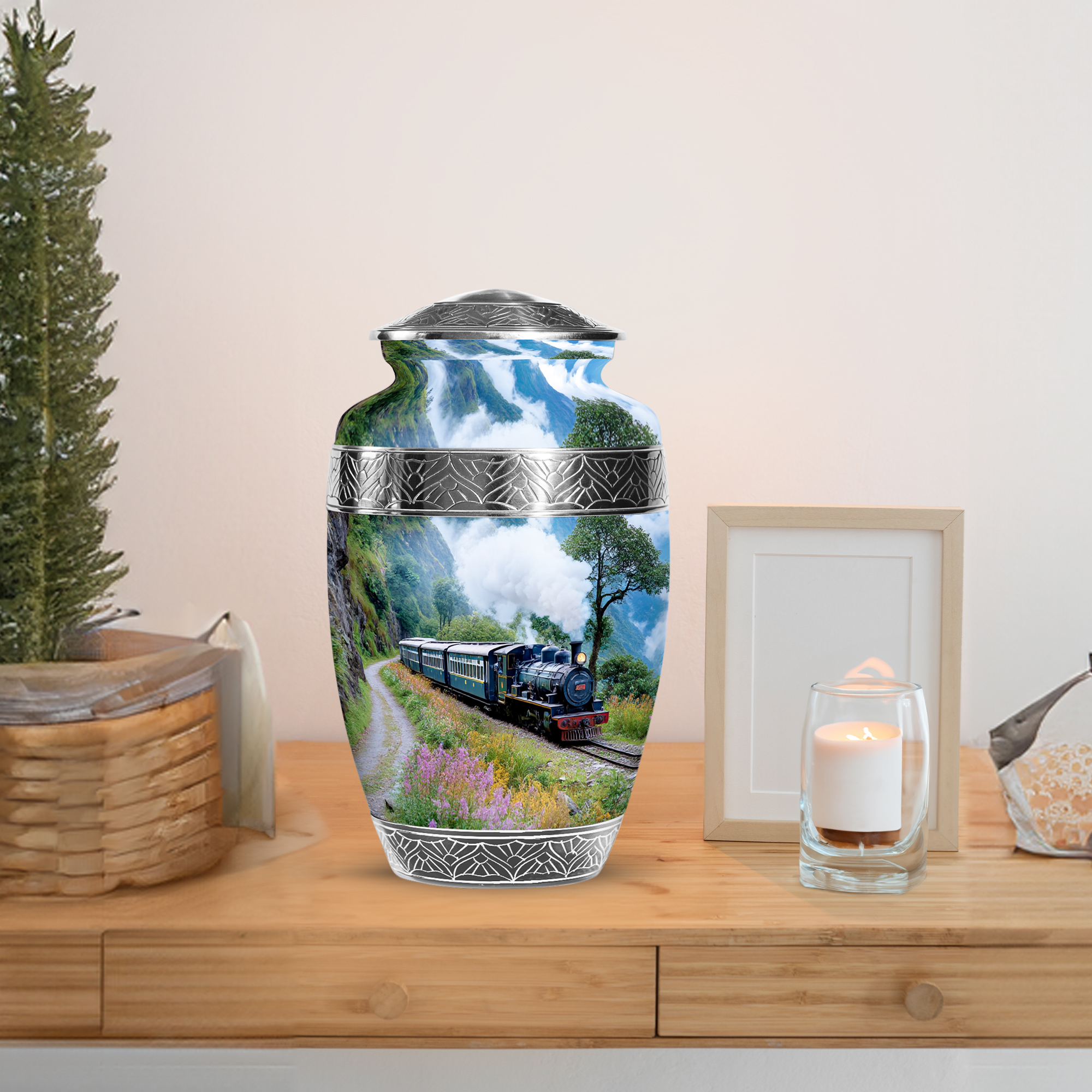 MUKTIVE Train Burial Urns for Adult, Funeral Mountain Urns for Human Ashes Adult Male & Female, Decorative Pink Flower Cremation Gift Urn, Large Memorial Urn for Ashes for Mom & Dad, 10 Inch (Grey)
