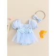 thumbnail image 5 of Aojekbee Infant Baby Girls Summer Romper Dress with Bow Headband 3D Flower Short Puff Sleeve Neck Tulle Jumpsuit, 5 of 10