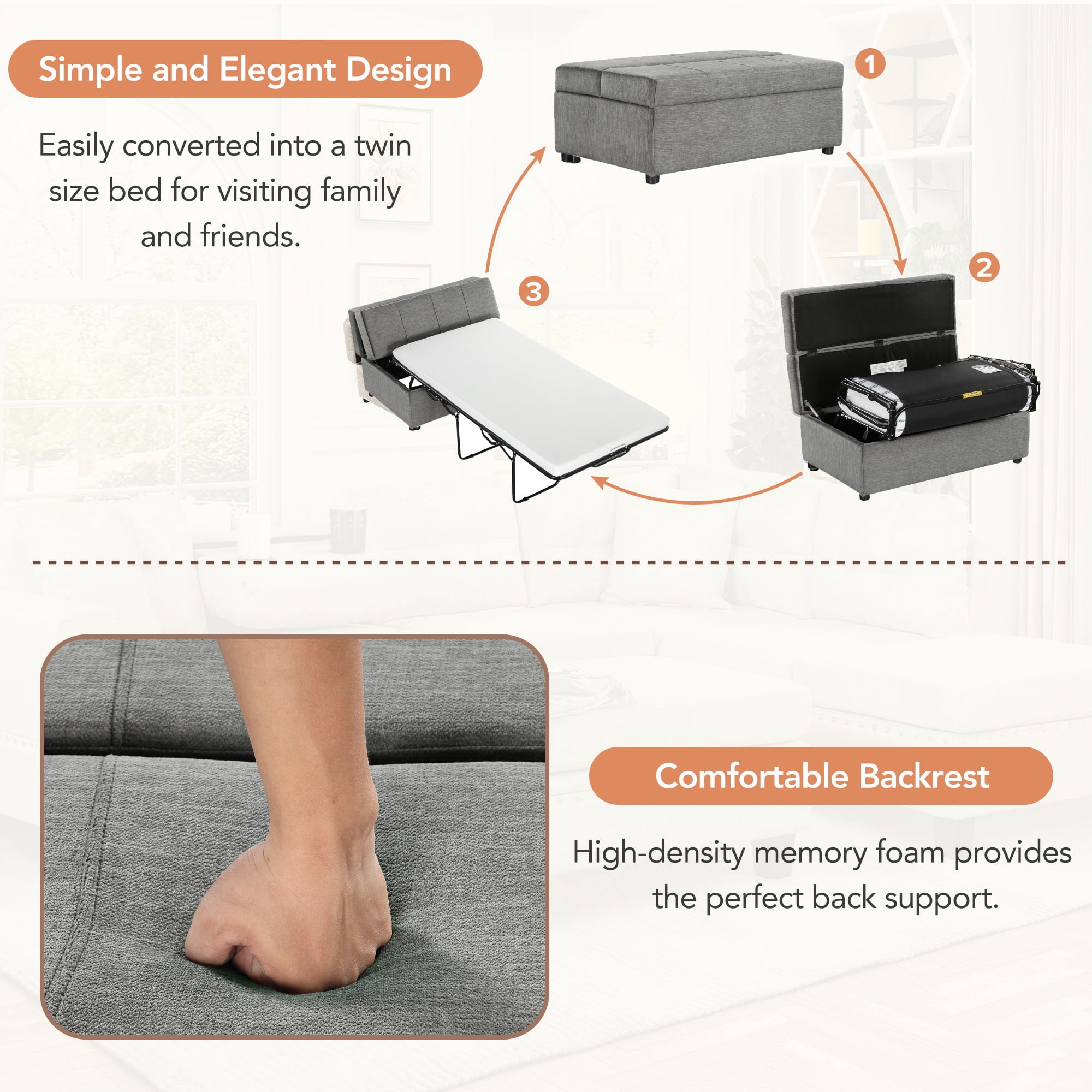 Euroco Twin Size Folding Ottoman Sleeper Bed with Mattress Convertible Guest Bed, Dark Gray
