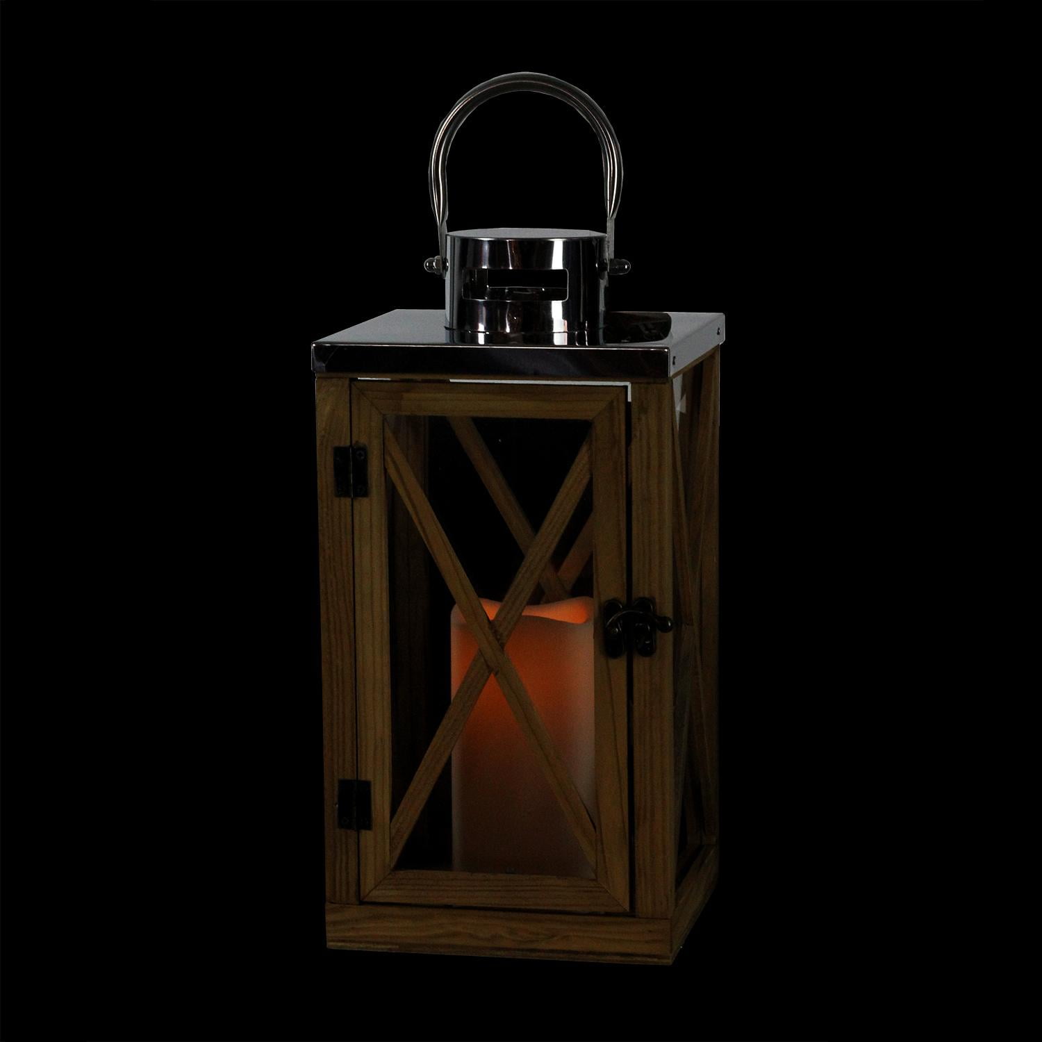 Gerson 13.5" Rustic Wood and Stainless Steel Lantern with LED Flameless Pillar Candle with Timer