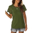 thumbnail image 3 of Bigersell T-Shirts à Manches Courtes pour Femmes Mode Décontractée Dentelle Unie Manches Courtes Col Rond Hauts Pull Régulier Col Rond T-Shirts Décontractés Style B9770, Vert TTG, 3 of 8